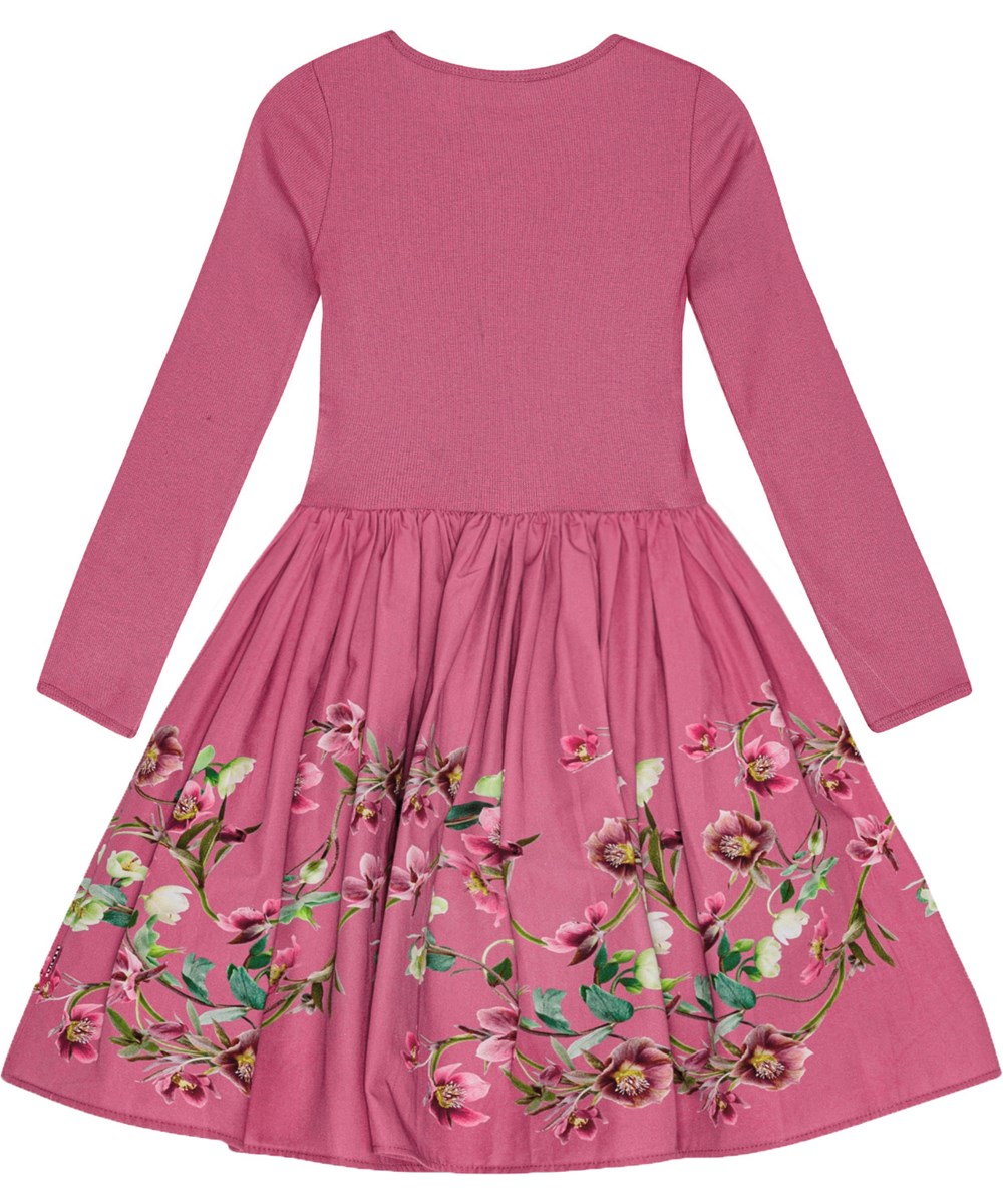 Casie - Wavy Roses - Pink organic cotton dress with ribbed jersey top and floral print.
