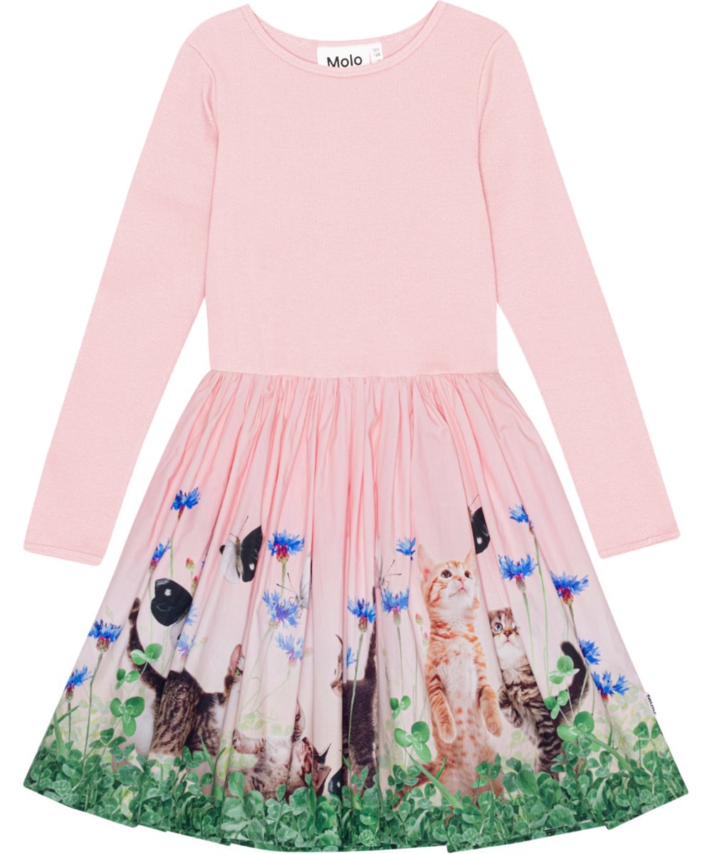 Casie - Yin Yang Kitten - Pink, Long sleeve dress with circular skirt in organic cotton