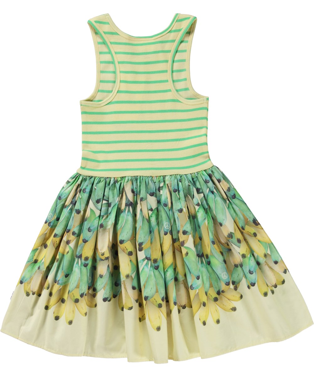 Cassandra - Lots Of Bananas - Yellow and green striped organic dress with poplin skirt and banana print