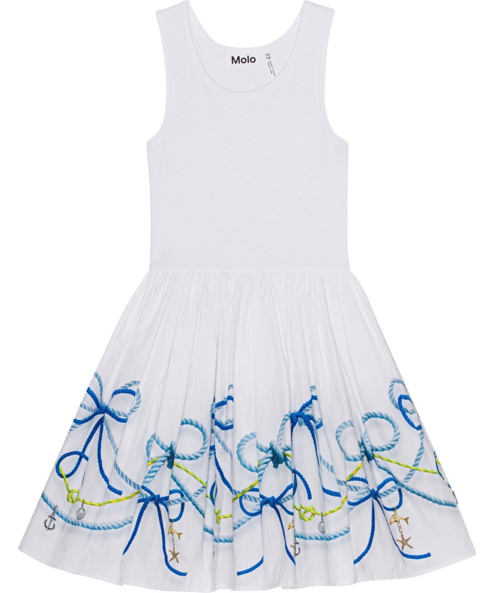 Cassandra - Nautical Border - White dress in organic cotton with ship rope print 