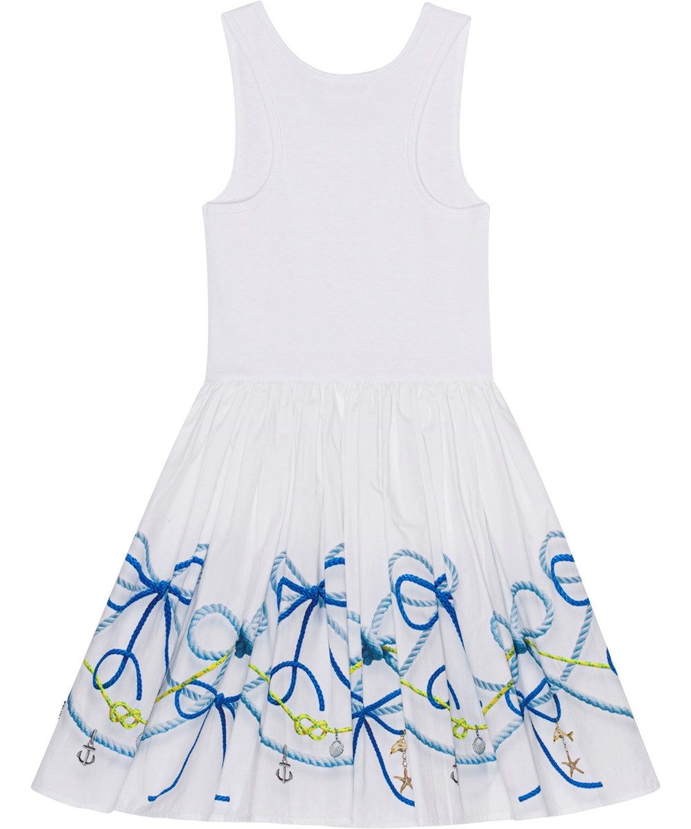 Cassandra - Nautical Border - White dress in organic cotton with ship rope print 