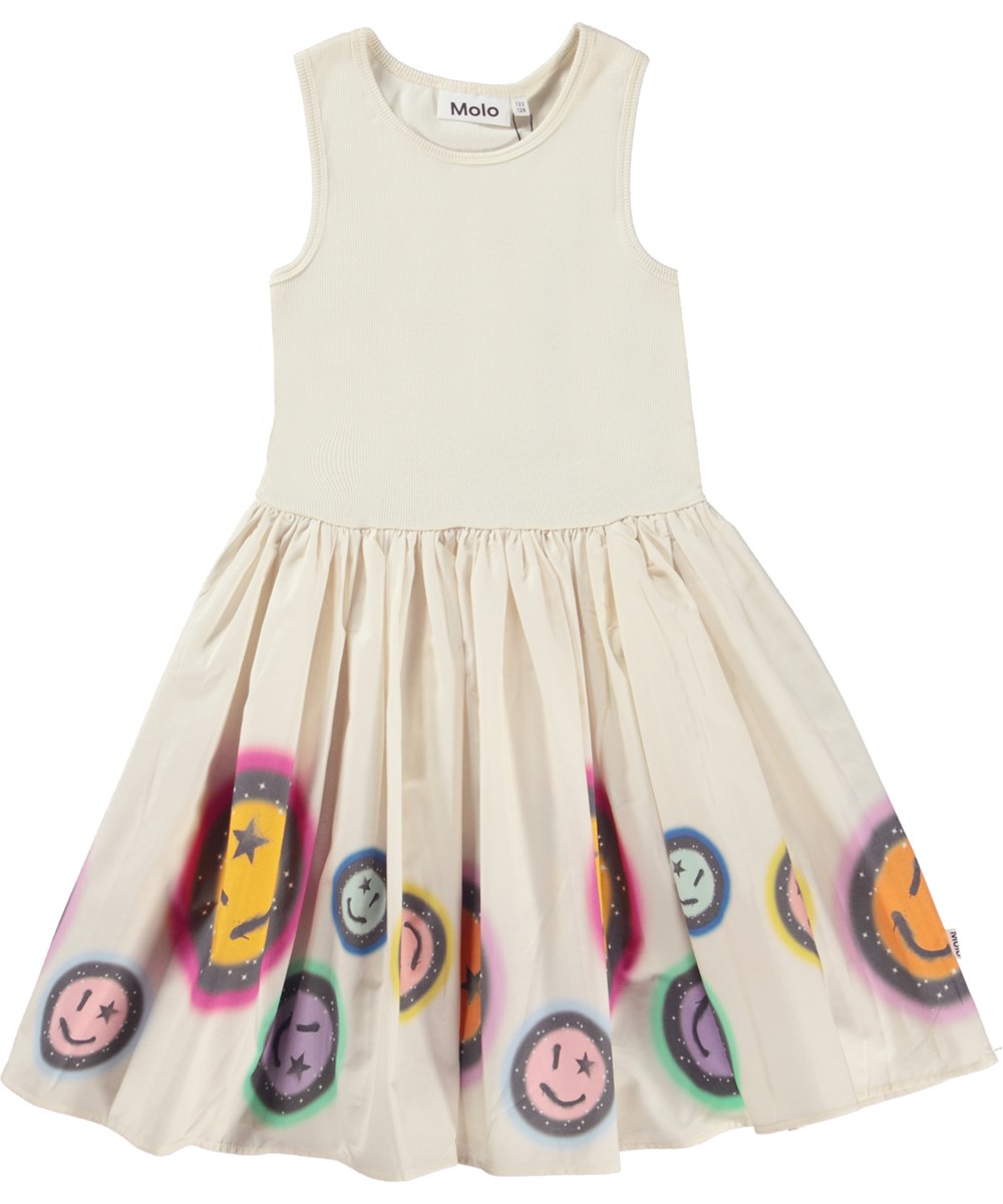 Cassandra - Space Rainbow - Off-white organic dress with poplin skirt smiley faces