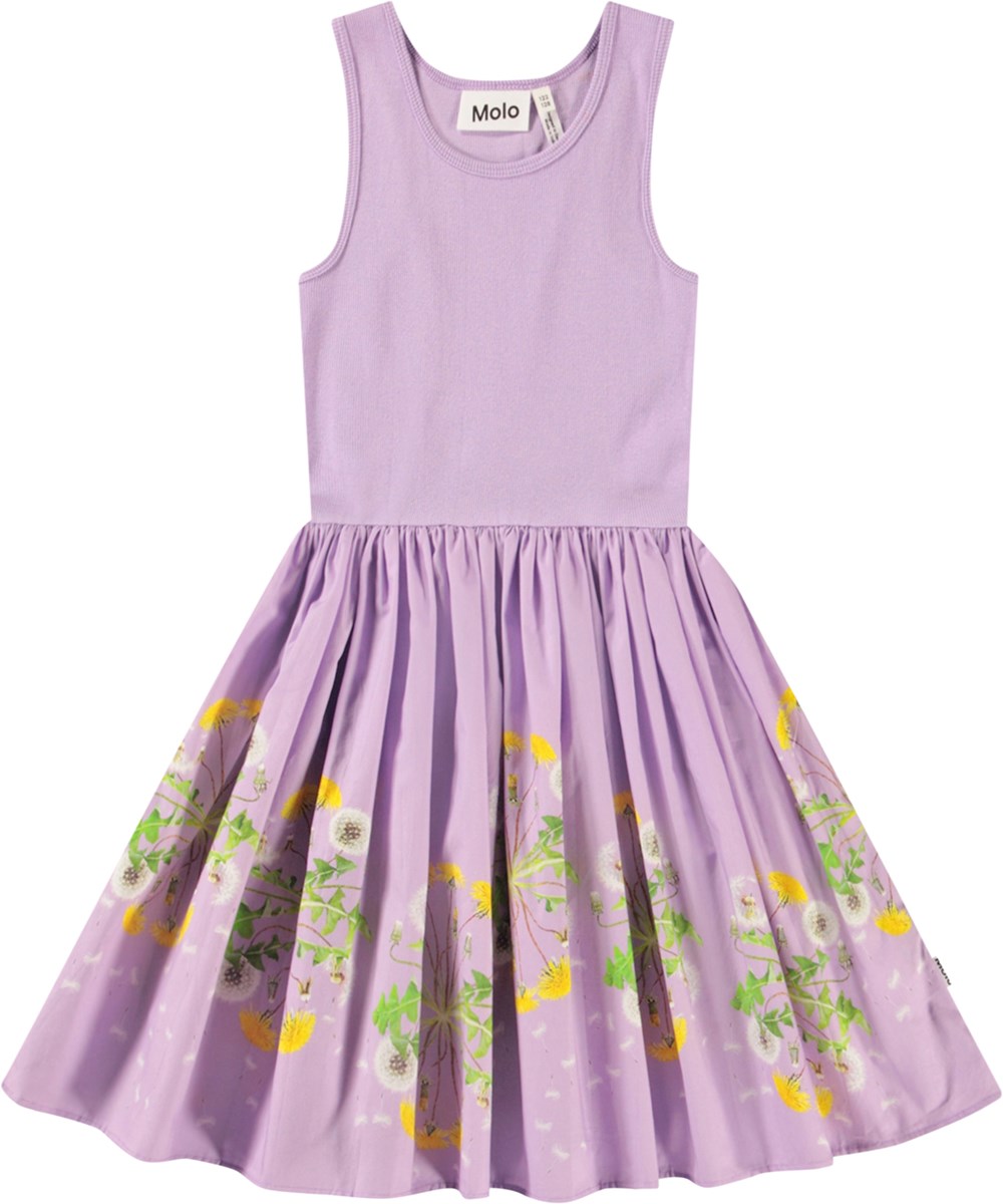 Cassandra - Wild Dandelion - Purple dress for children in organic cotton with a snug ribbed jersey top and poplin skirt.