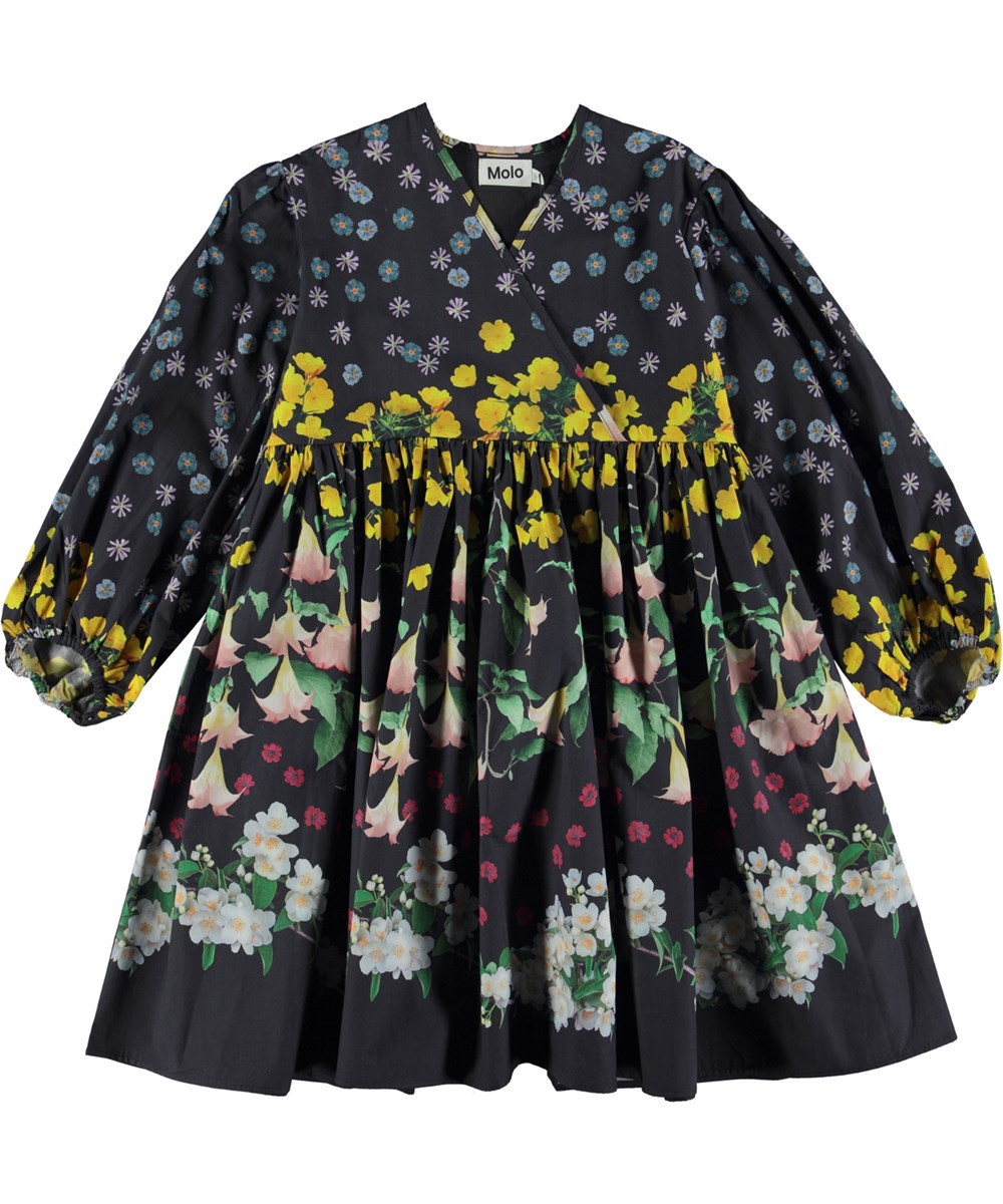 Cassida - Flower Rain - Blue knee length organic full dress with floral print