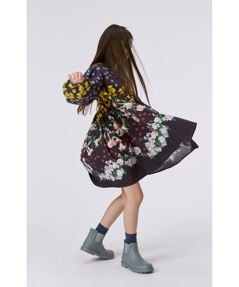 Cassida - Flower Rain - Blue knee length organic full dress with floral print