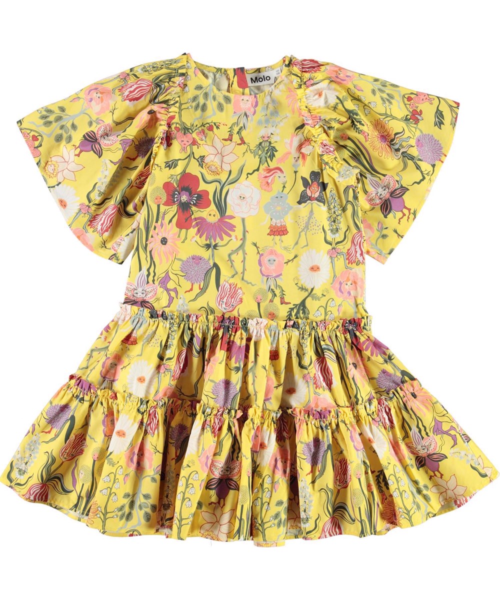 Cat - Dancing Flowers - Yellow organic flower dress with puff sleeves 