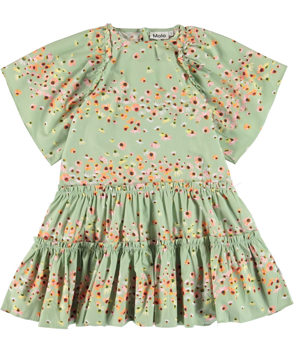 Cat - Echinacea Mini - Green organic dress with floral print