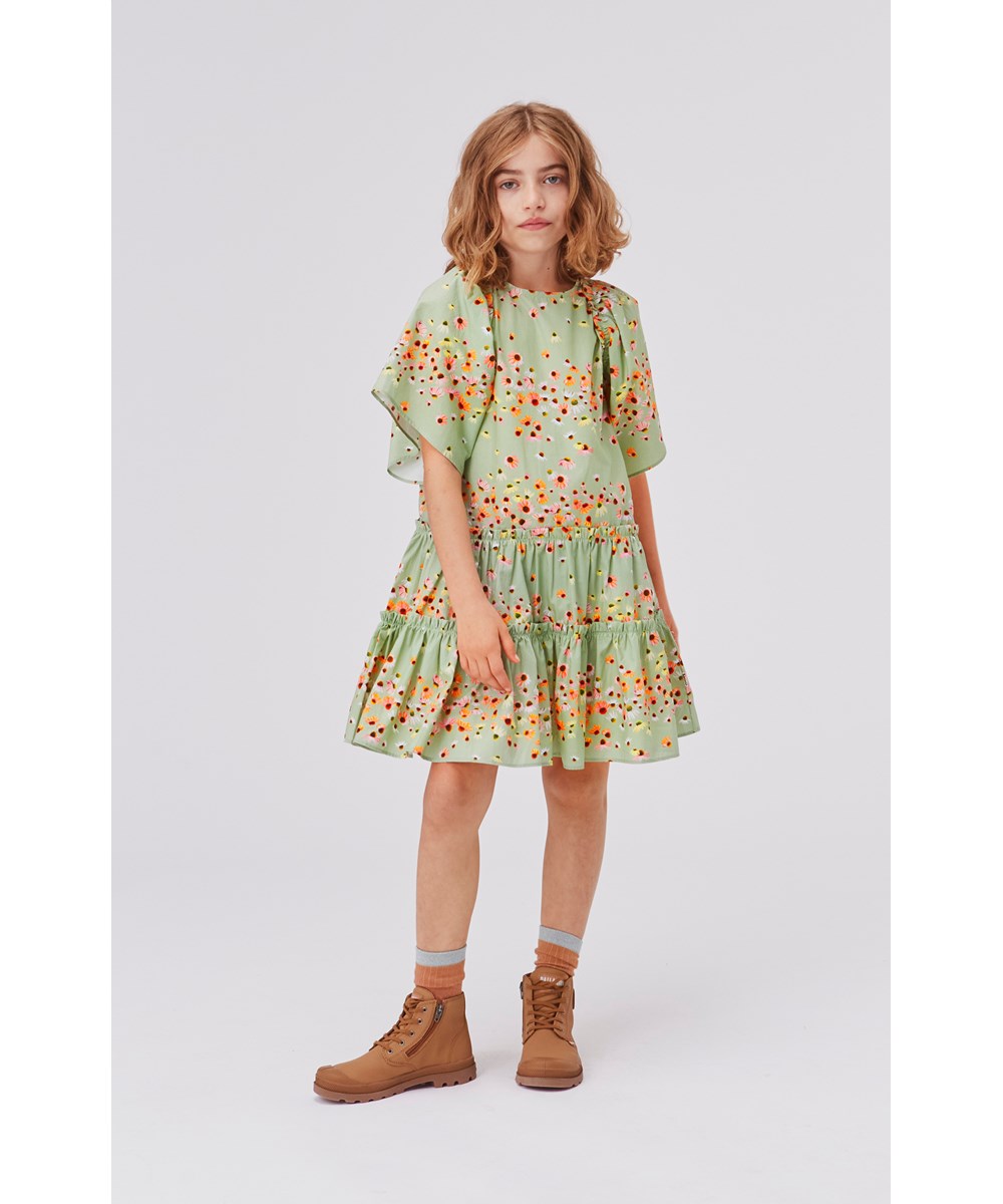 Cat - Echinacea Mini - Green organic dress with floral print