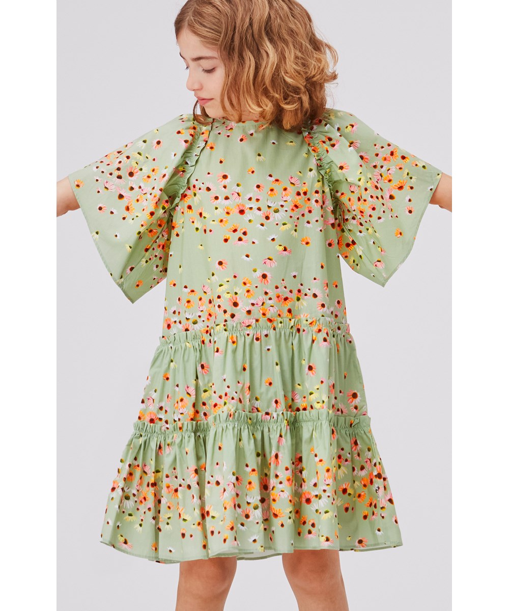 Cat - Echinacea Mini - Green organic dress with floral print