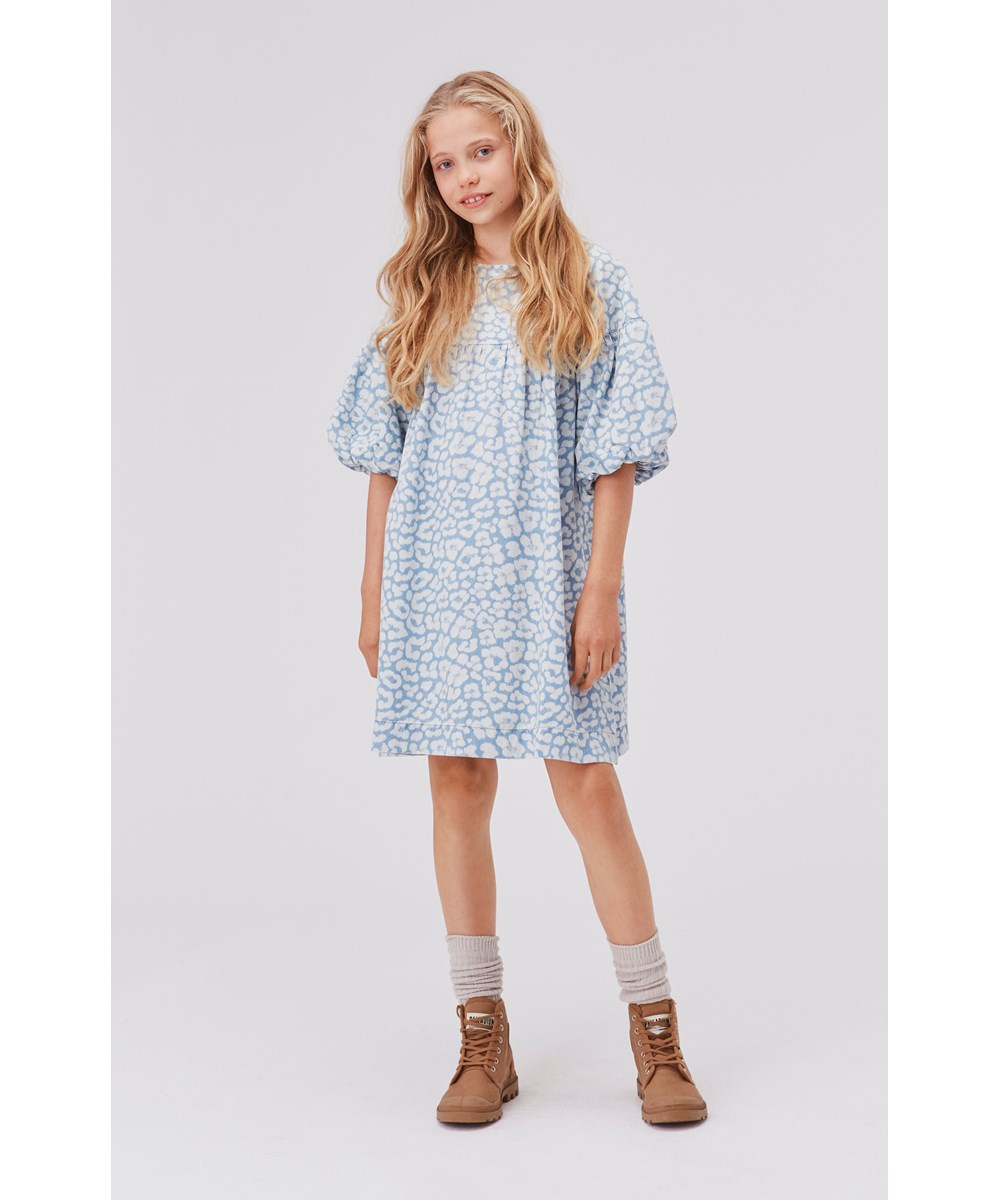 Catherine - Bleached Jaguar - Blue organic leopard dress