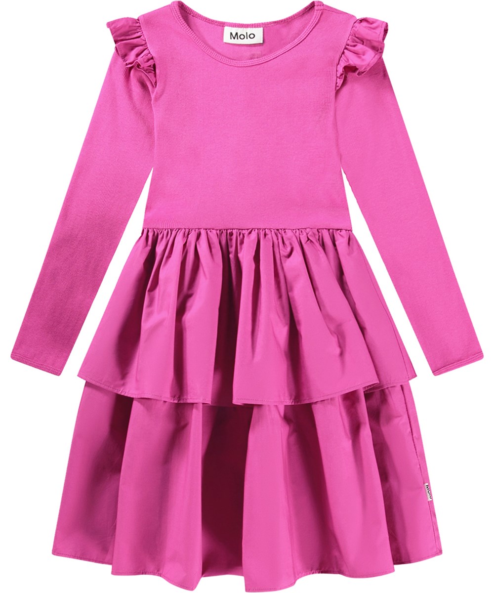 Cathi - Baya Pink - Pink organic cotton dress with a ribbed jersey top and ruffle shoulders.