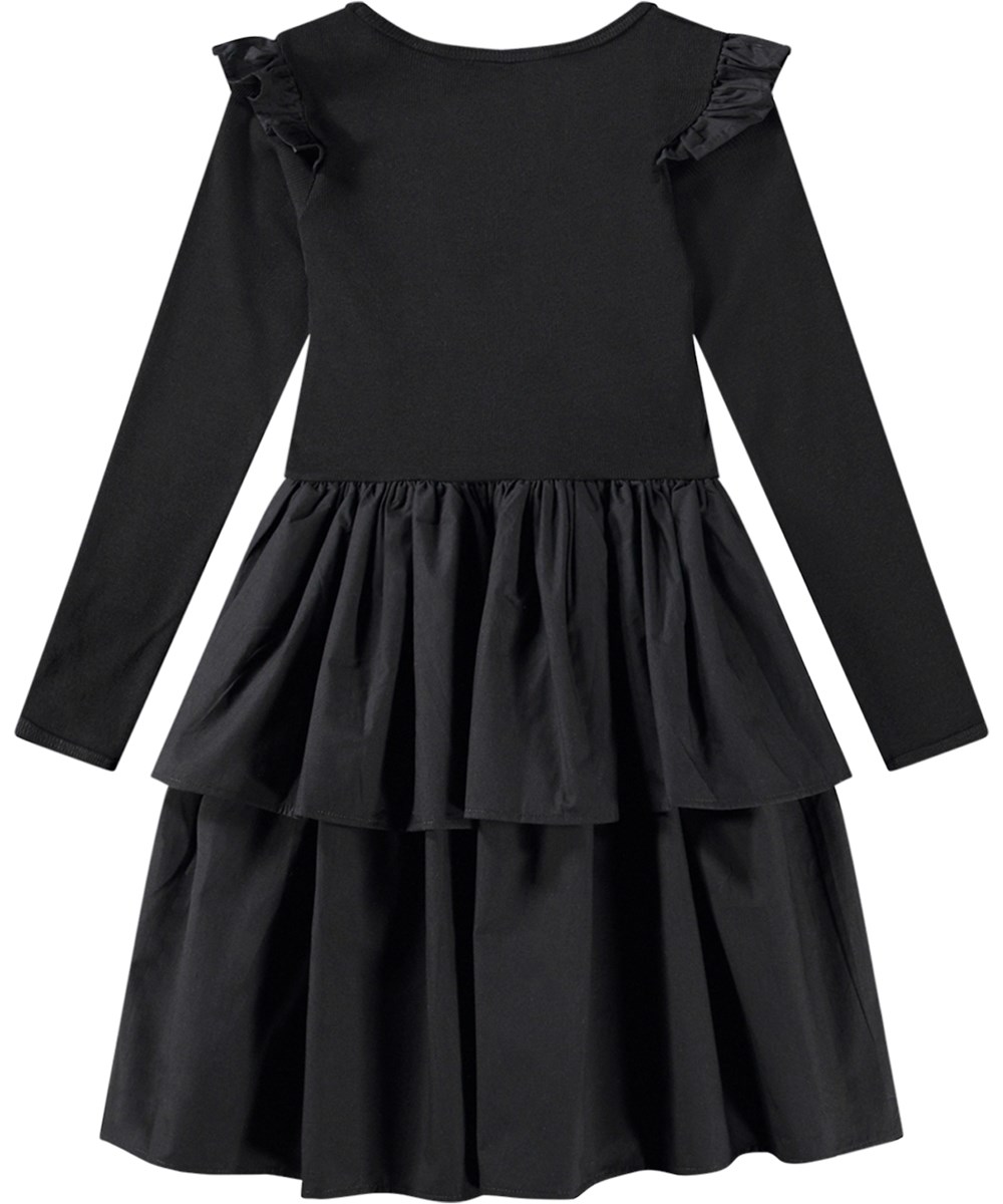 Cathi - Black - Black organic cotton dress with a ribbed jersey top and ruffle shoulders.