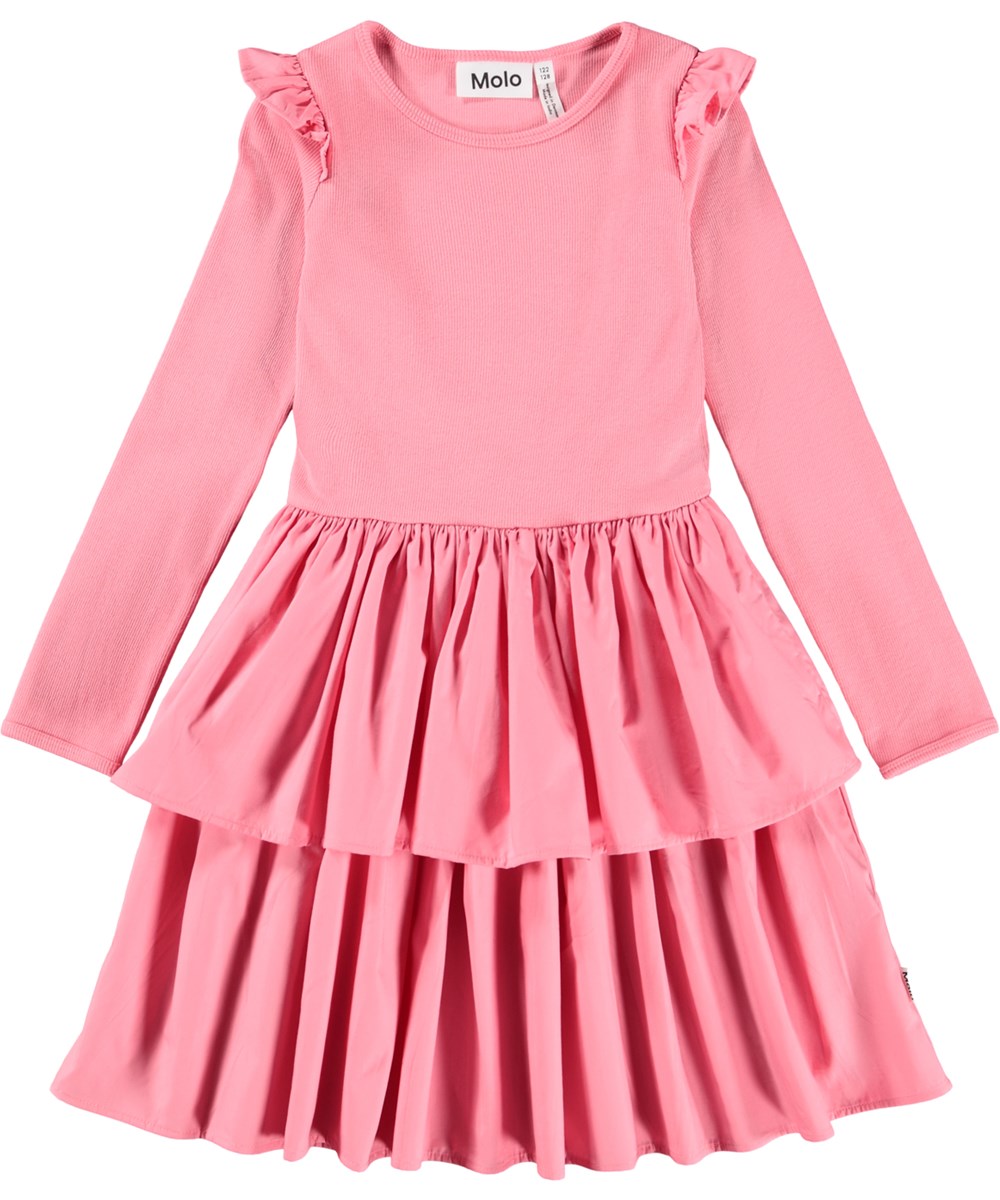 Cathi - Confetti - Long-sleeved pink dress for children made of organic cotton with skirt and a double-layer cotton poplin skirt.
