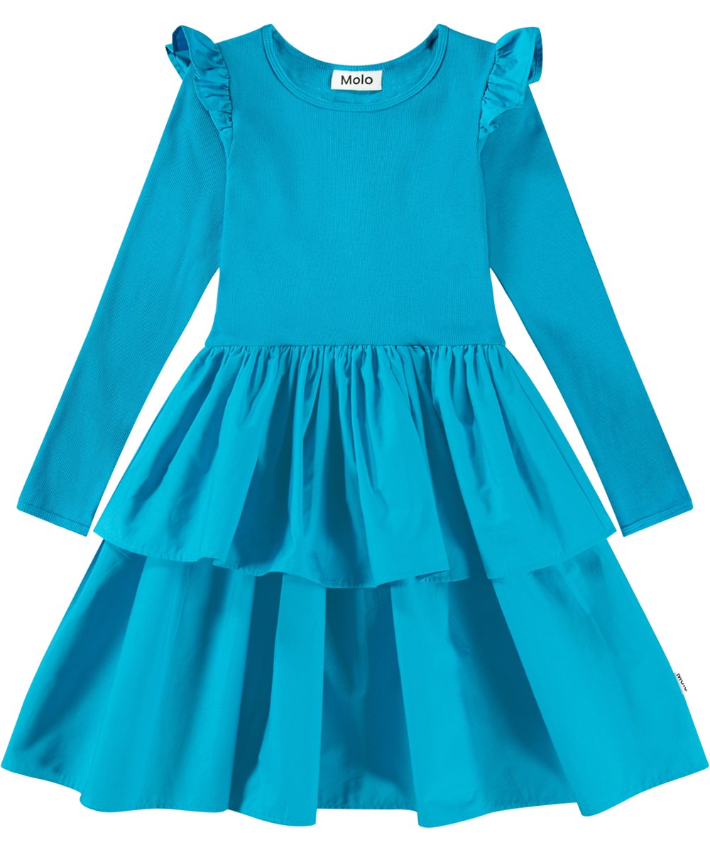 Cathi - Peacock Blue - Turquoise organic cotton dress with ribbed jersey top and ruffle shoulders.