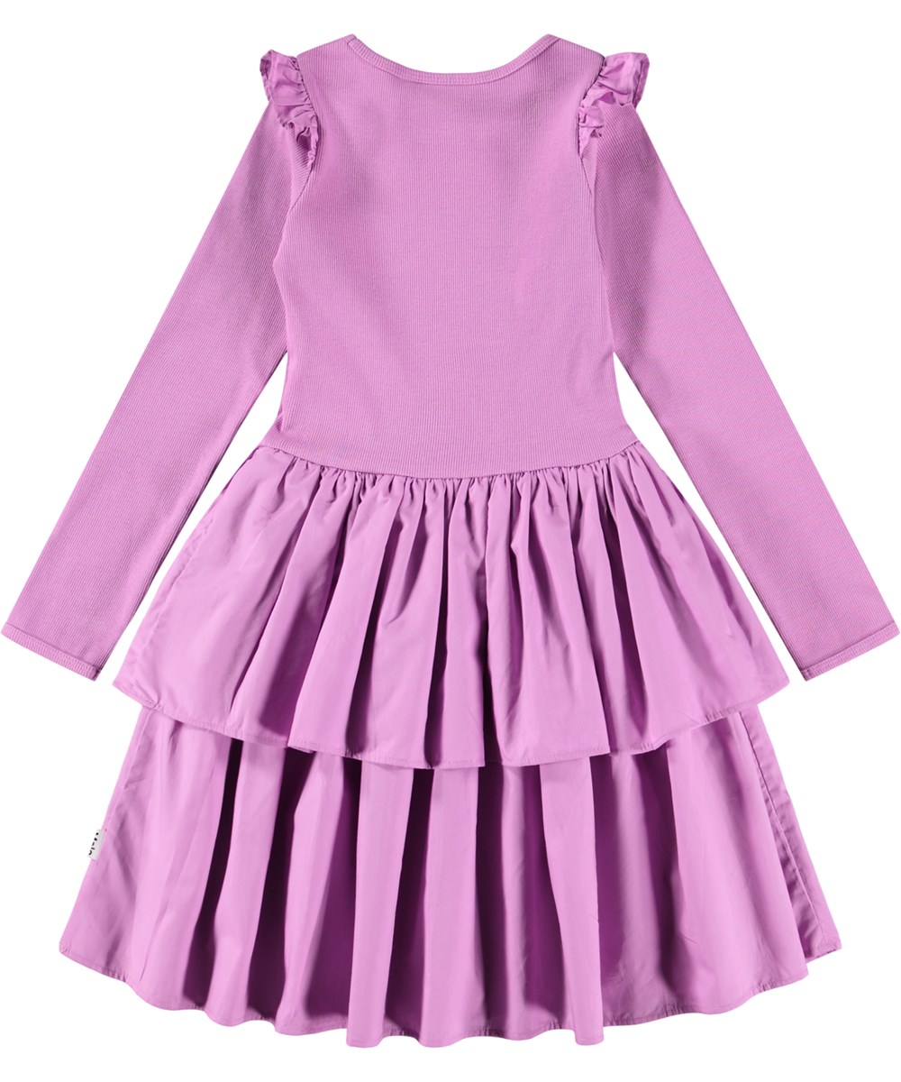 Cathi - Purple Ray - Long-sleeved purple dress for children made of organic cotton with skirt and a double-layer cotton poplin skirt.