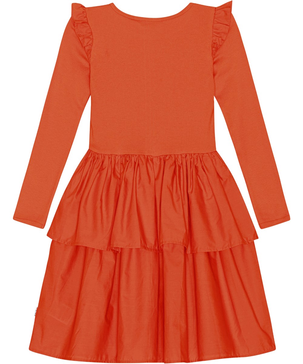 Cathi - Red Clay - Red dress in organic cotton with a two-tiered skirt