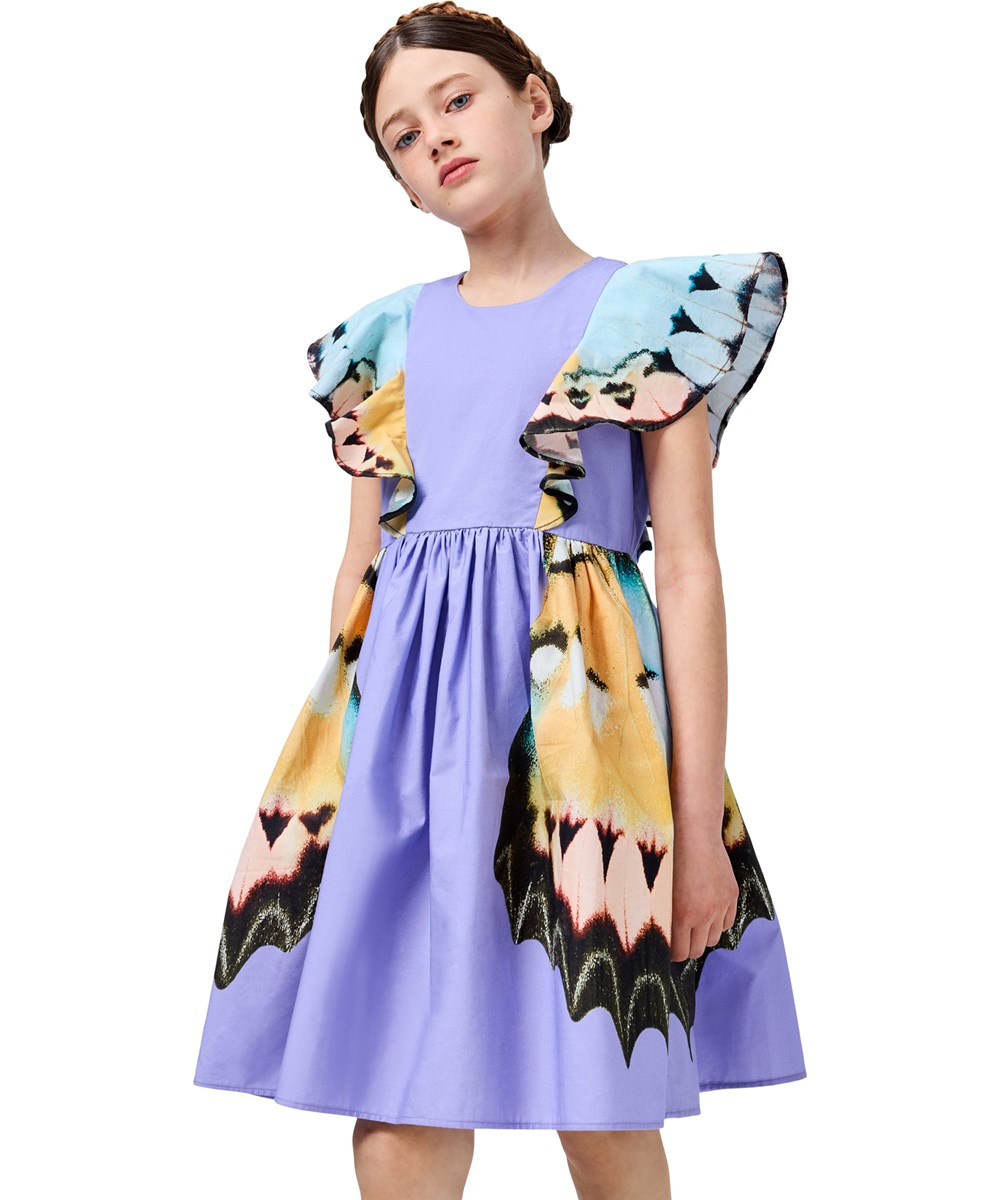 Caty - Lilac Butterfly - Purple dress for children made of organic cotton with a butterfly print 