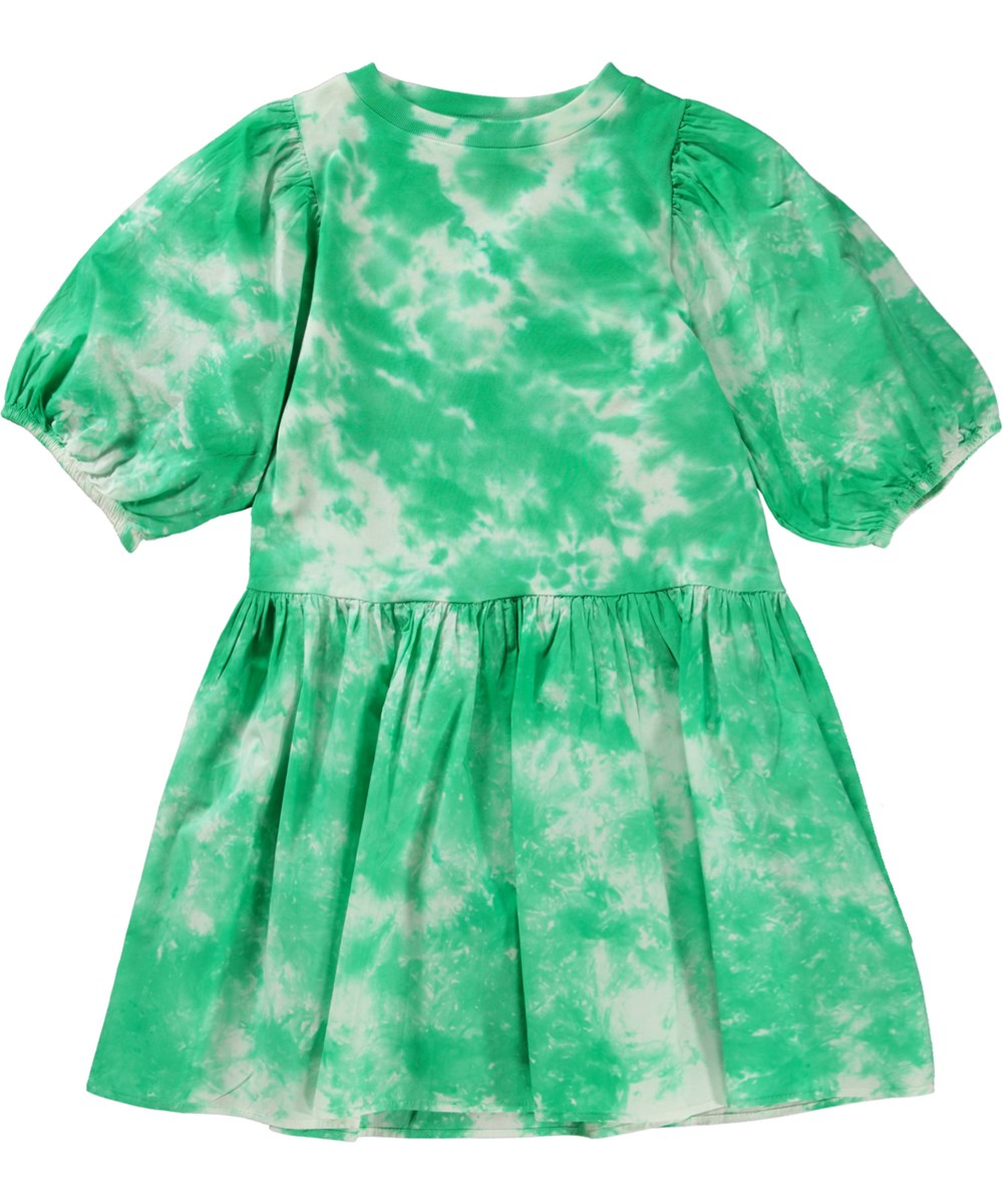 Cece - Fresh Tie Dye - Green and white tie-dye dress in organic cotton with puff sleeves