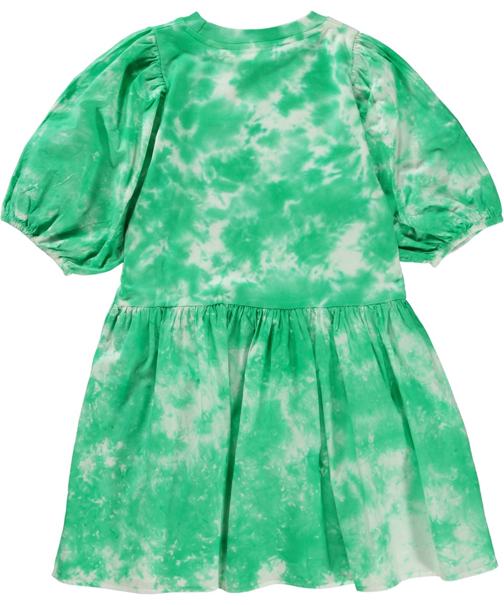 Cece - Fresh Tie Dye - Green and white tie-dye dress in organic cotton with puff sleeves