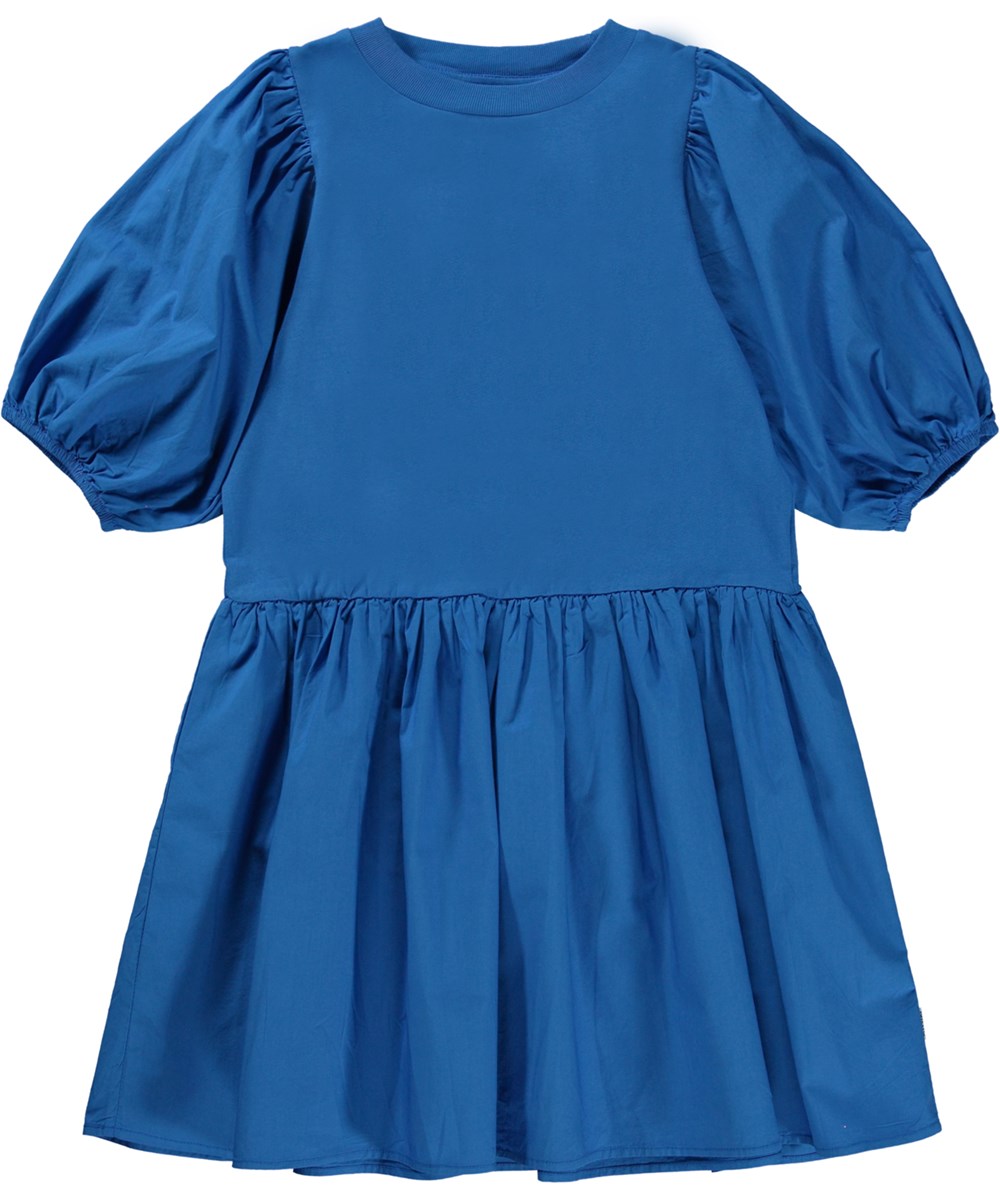 Cece - Lapis Blue - Dark blue dress in organic cotton with puff sleeves
