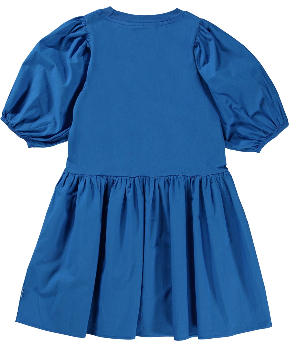 Cece - Lapis Blue - Dark blue dress in organic cotton with puff sleeves