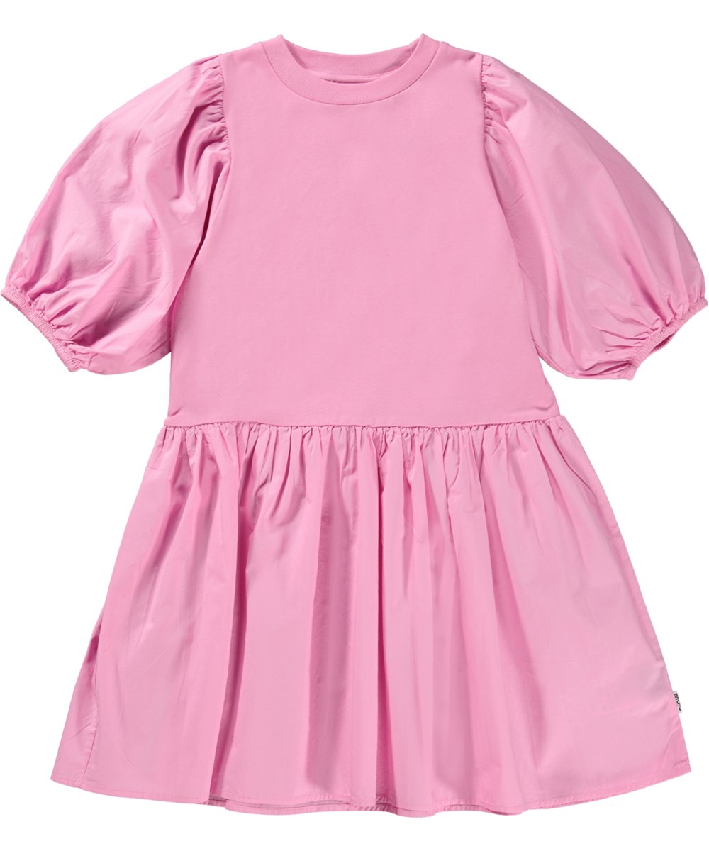 Cece - Sunset Pink - Pink dress in organic cotton with puff sleeves