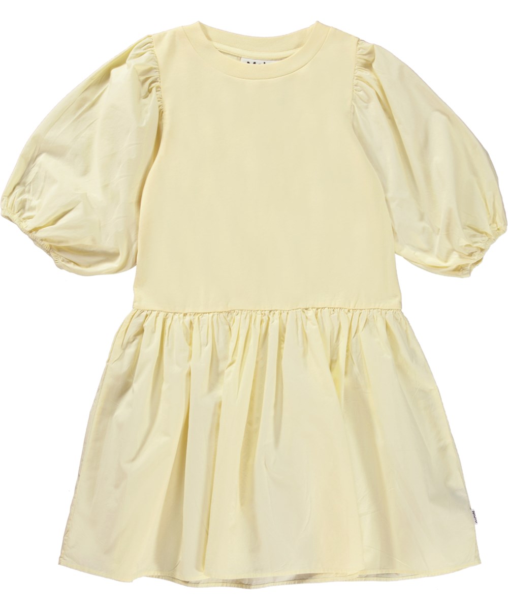 Cece - Vanilla - Yellow dress in organic cotton with puff sleeves