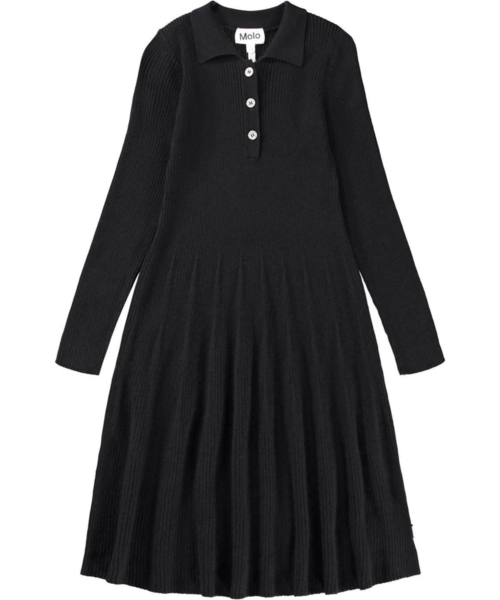 Cecilia - Black - Long-sleeved black dress for children made of a ribbed wool and cotton blend.