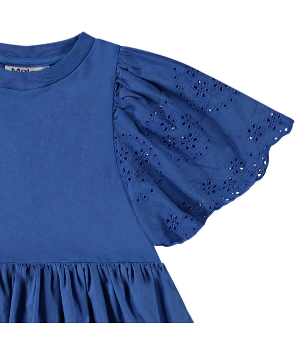Ceelia - Blue Marcaw - Blue knee-length dress for children in organic cotton with a round neck and ribbed hem.