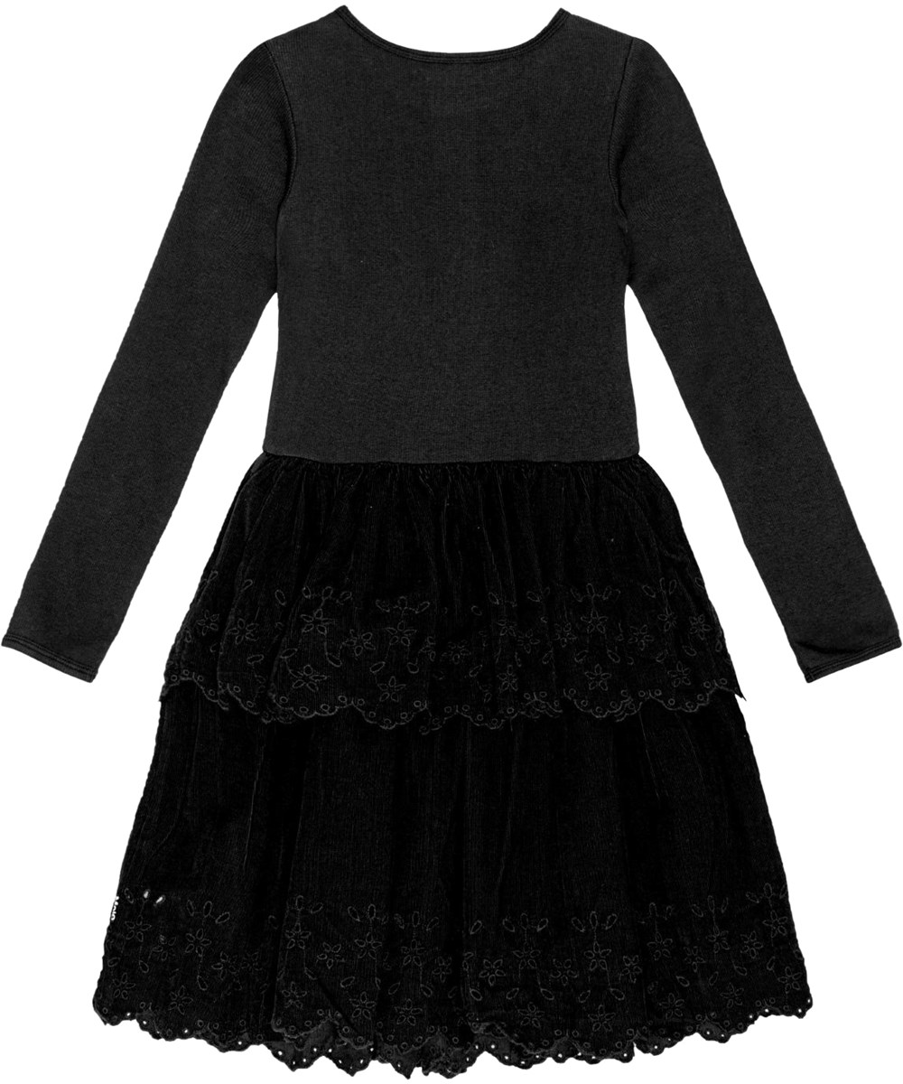 Cerena - Black - Black organic cotton dress with a mini corduroy skirt with lace pattern.