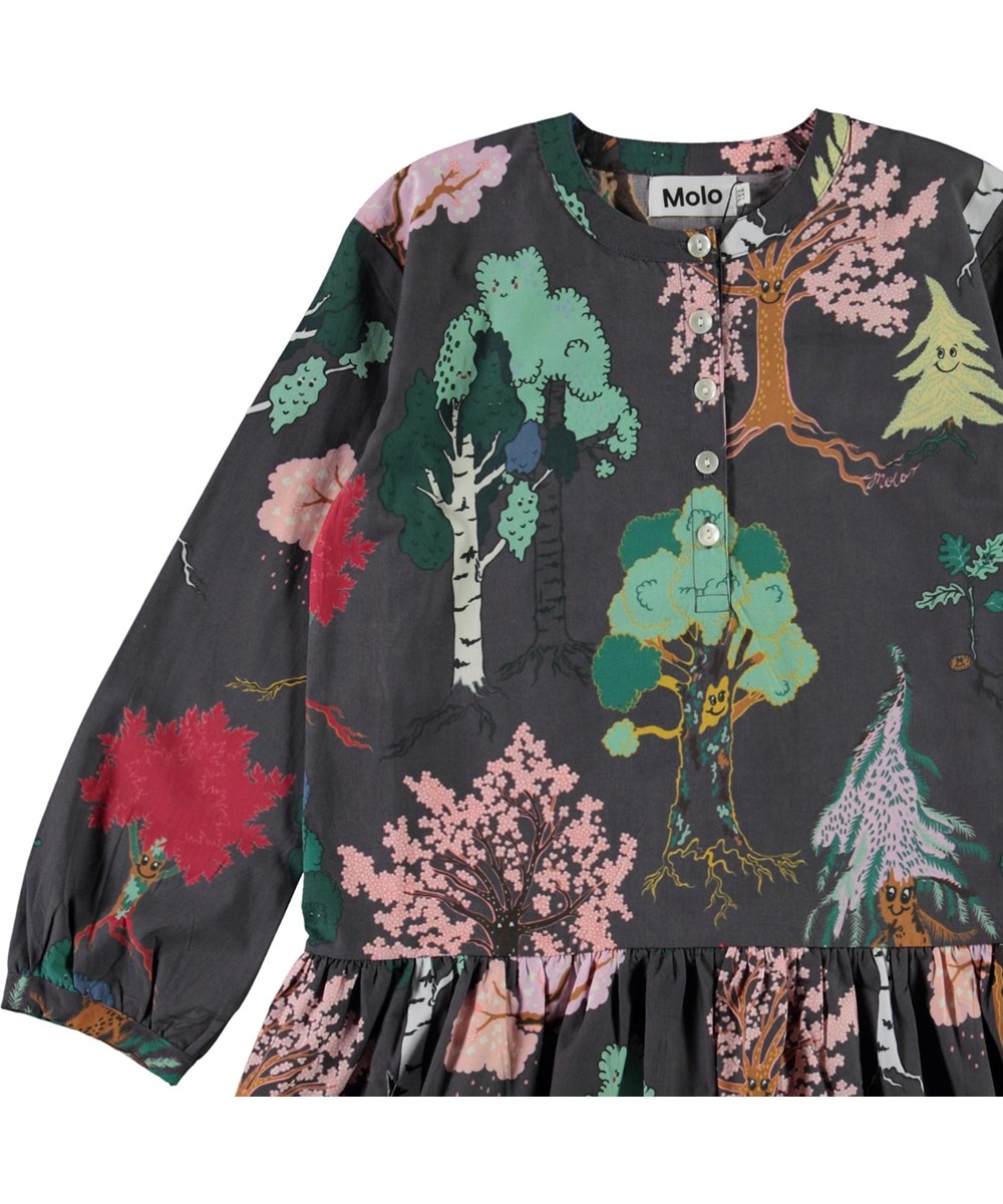 Cezanne - Forest Friends - Brown organic dress with tree print