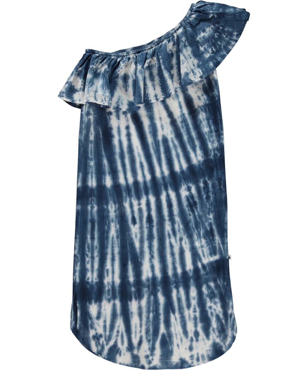 Chadee - Tie Dye Vertical - Organic asymmetrical blue dress with a ruffle in tie-dye