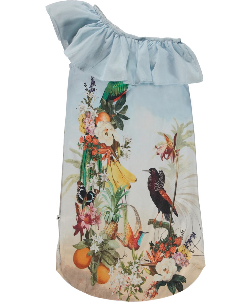 Chadee - Tropical - Organic asymmetrical blue dress with ruffle, birds and fruit