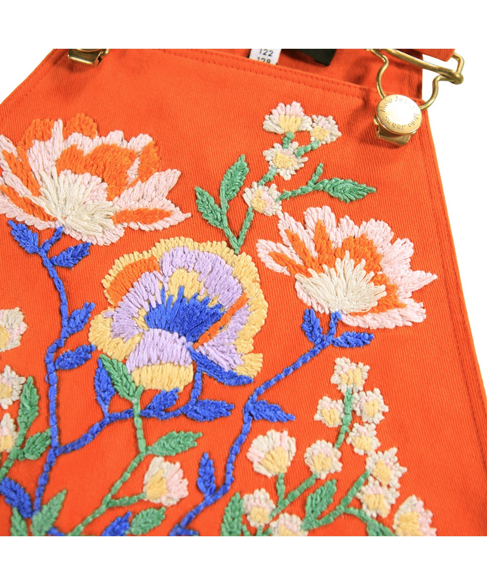 Chakala - Rising Sun - Orange cotton dress for children with straps and beautiful embroidery.