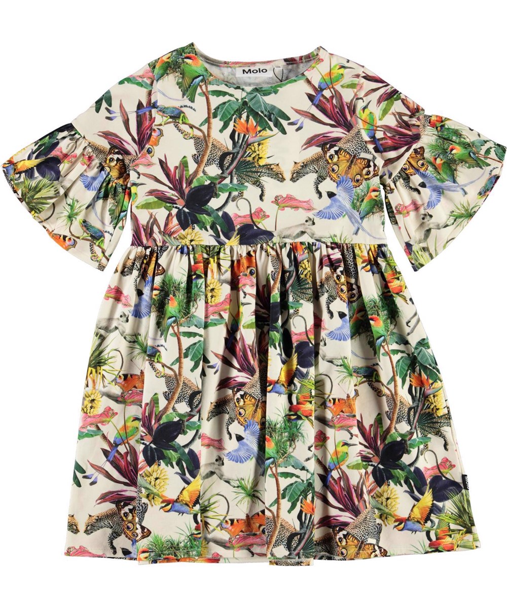 Chasity - Imaginary Jungle - Organic dress with animals and ruffle sleeves