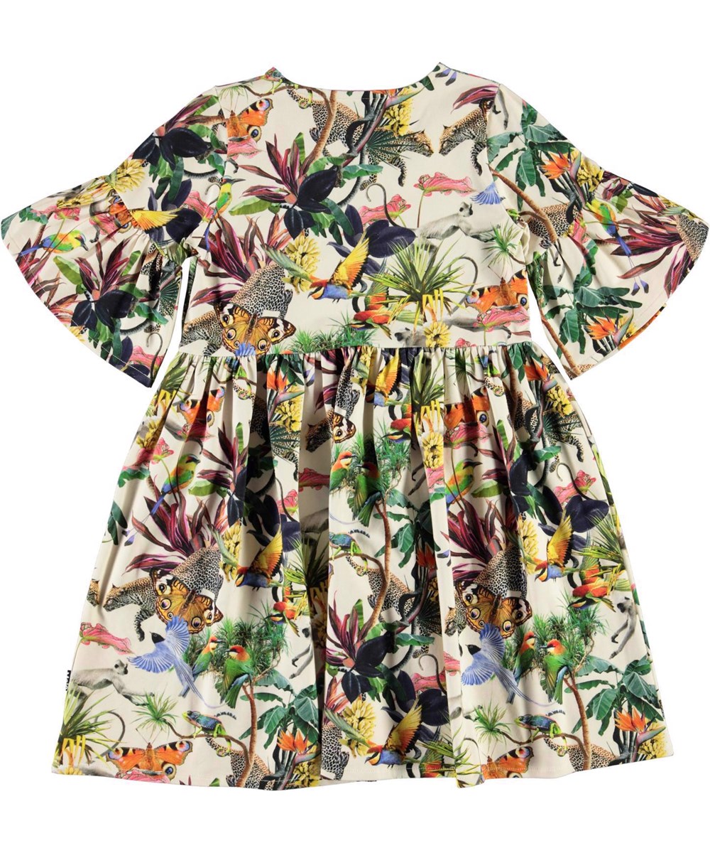 Chasity - Imaginary Jungle - Organic dress with animals and ruffle sleeves