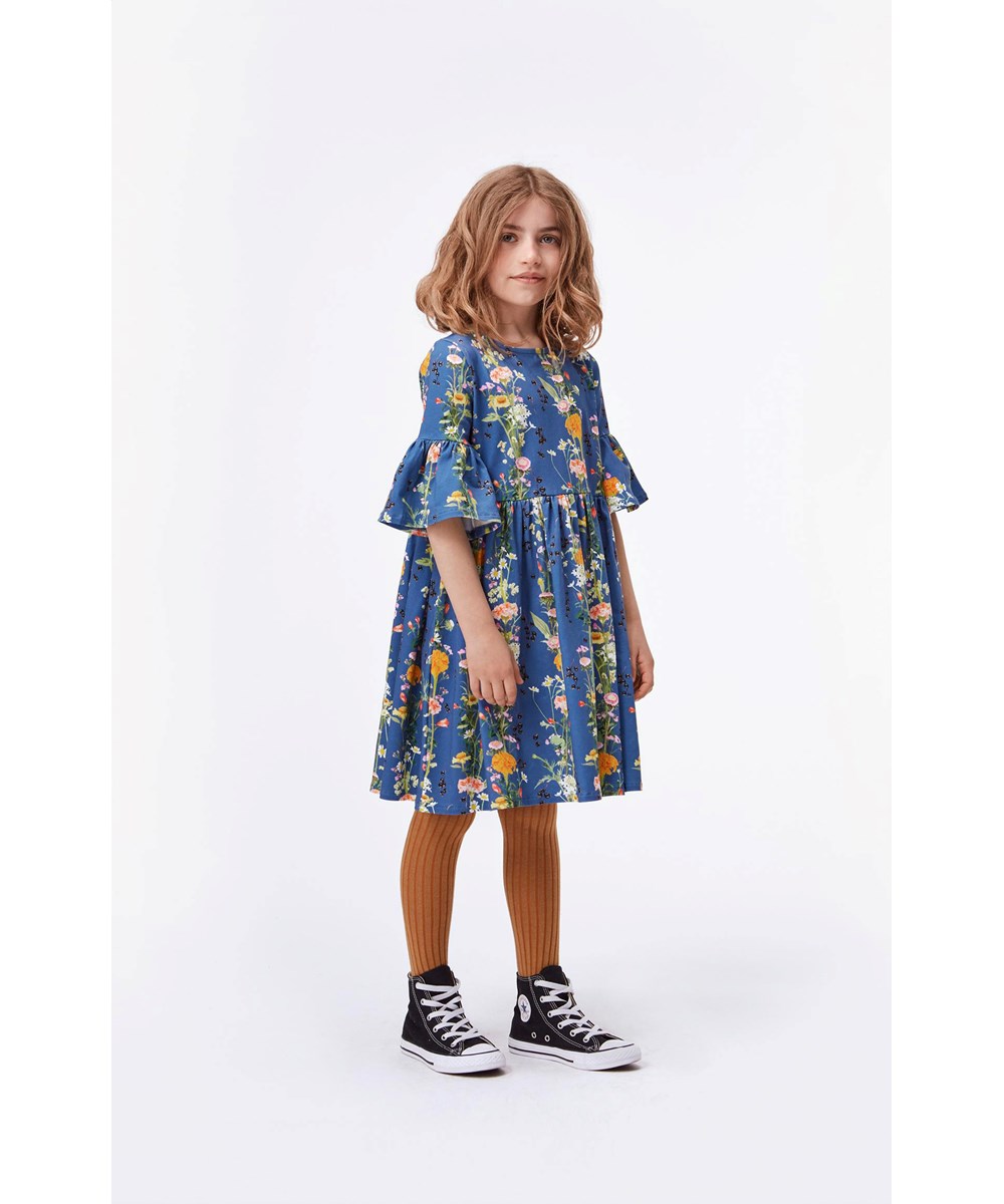 Chasity - Vertical Flowers - Blue organic dress with flowers 