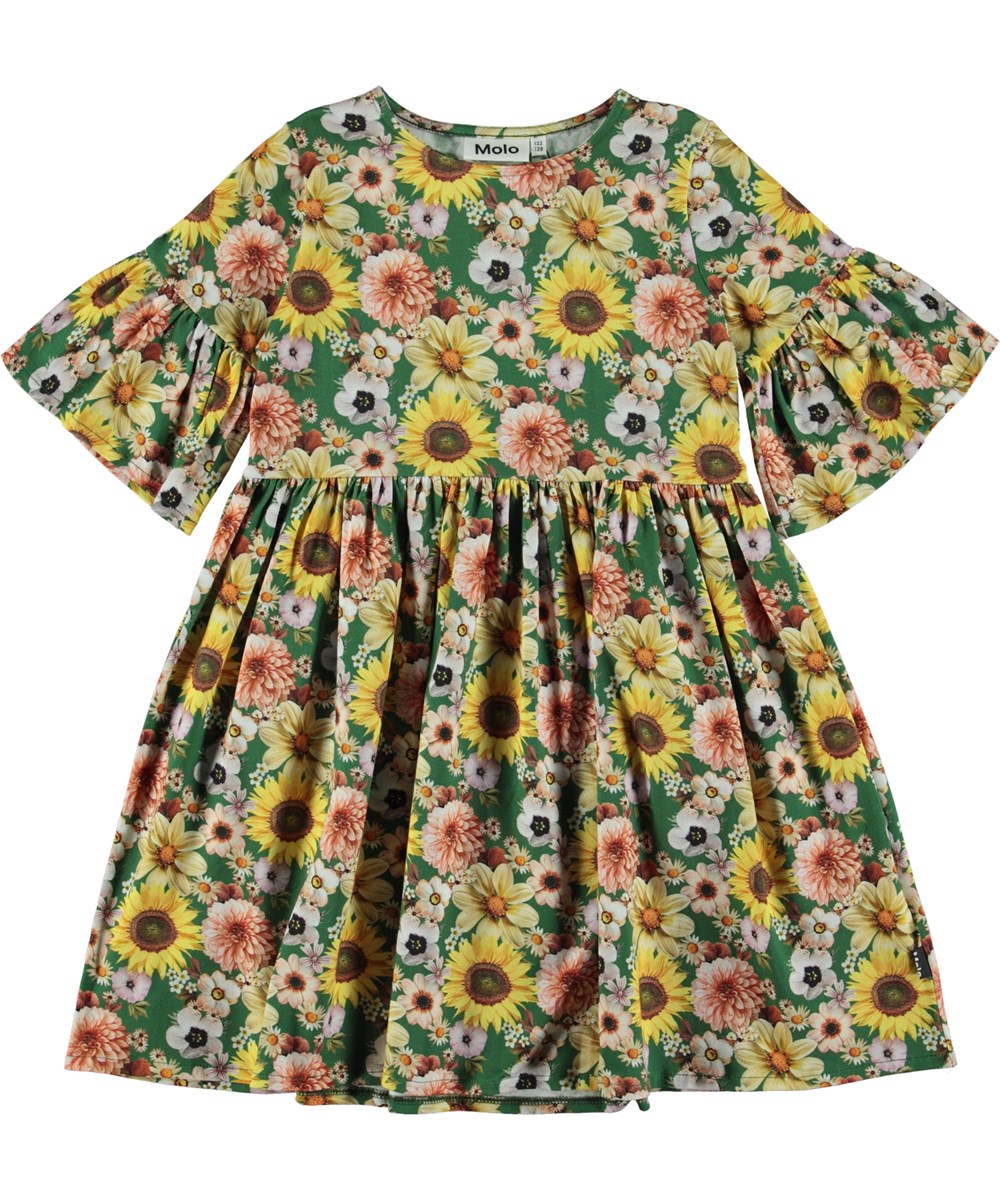 Chasity - Vintage Floral - Green knee length organic dress with full sleeves and skirt in all over floral print