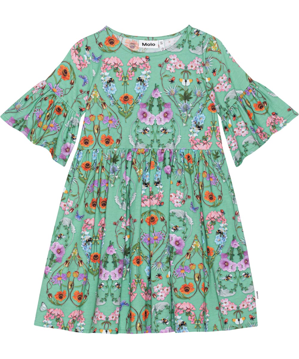 Chasity - With Love - Green dress in soft, organic cotton jersey with print of insects and wildflowers