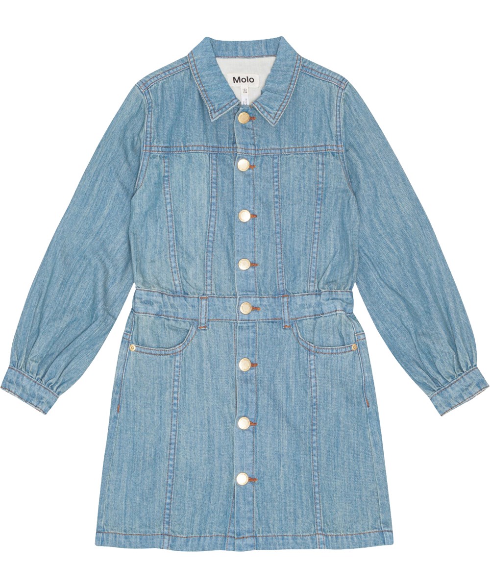 Chaya - Washed Denim Blue - Light blue denim dress with front pockets, long sleeves, and gold buttons.