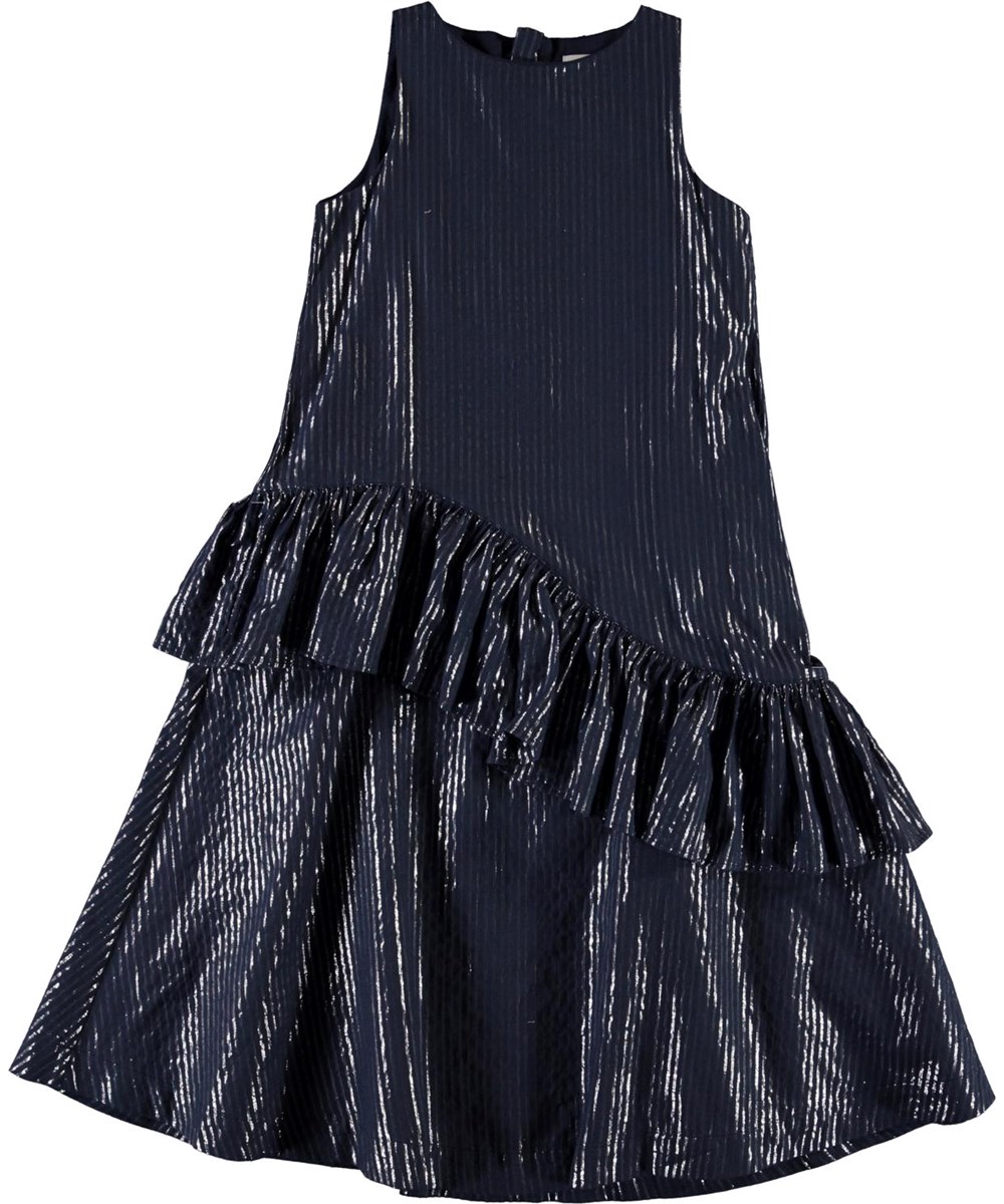 Chelsea - Total Eclipse - Dark blue dress with ruffle and silver stripes 