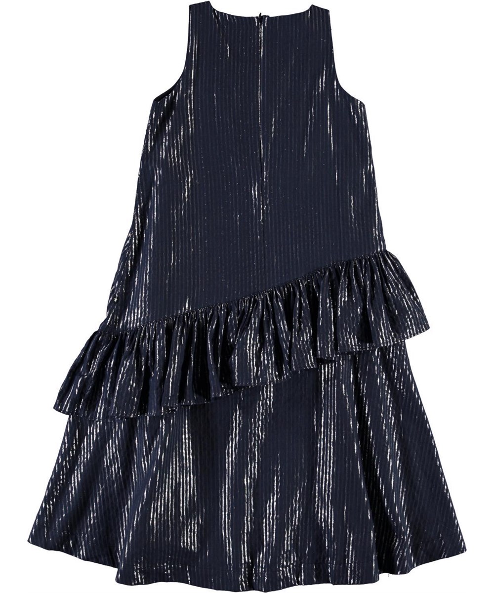 Chelsea - Total Eclipse - Dark blue dress with ruffle and silver stripes 