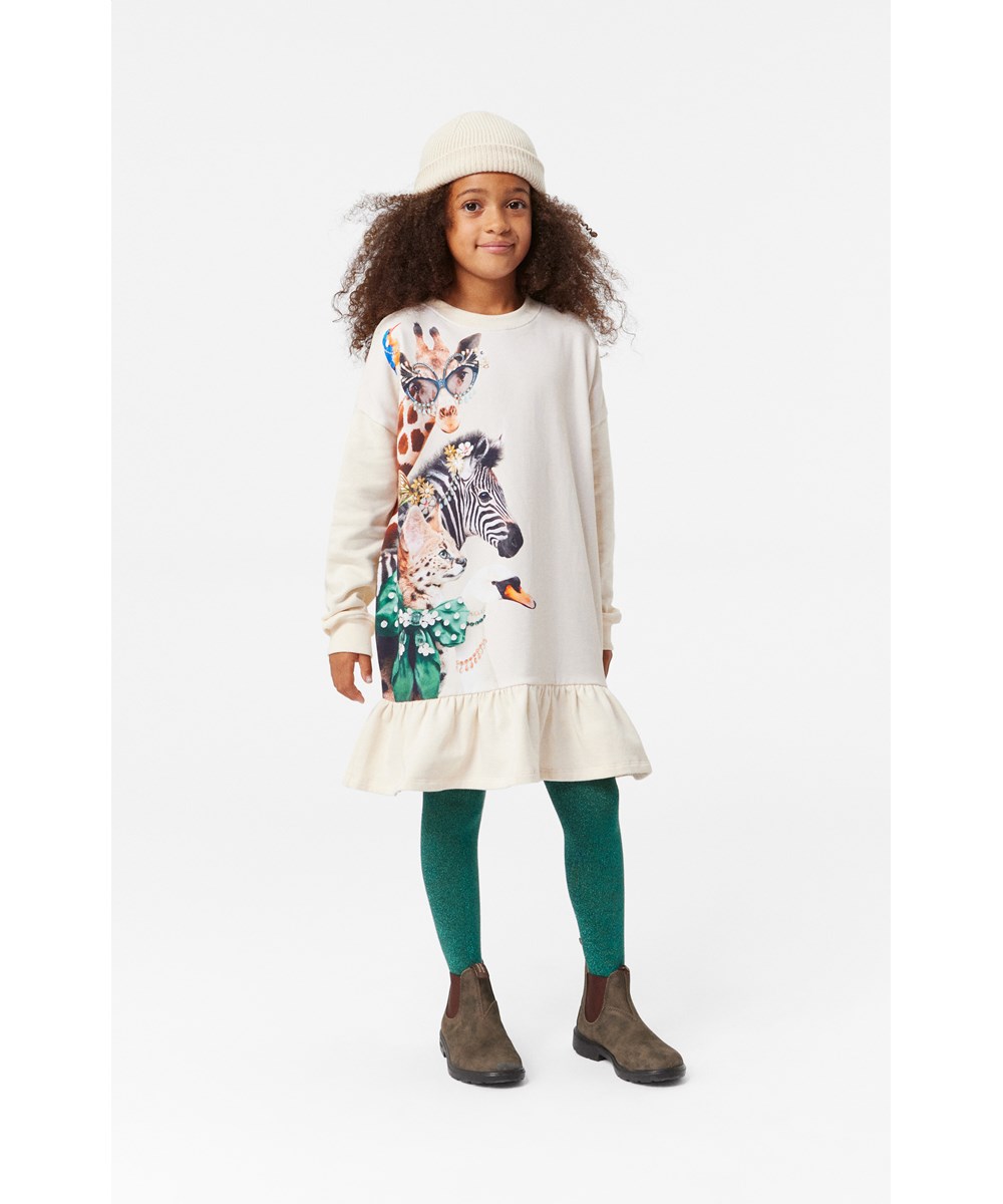 Cherice - Hello - Soft organic cotton off-white jersey dress with playful animal print.