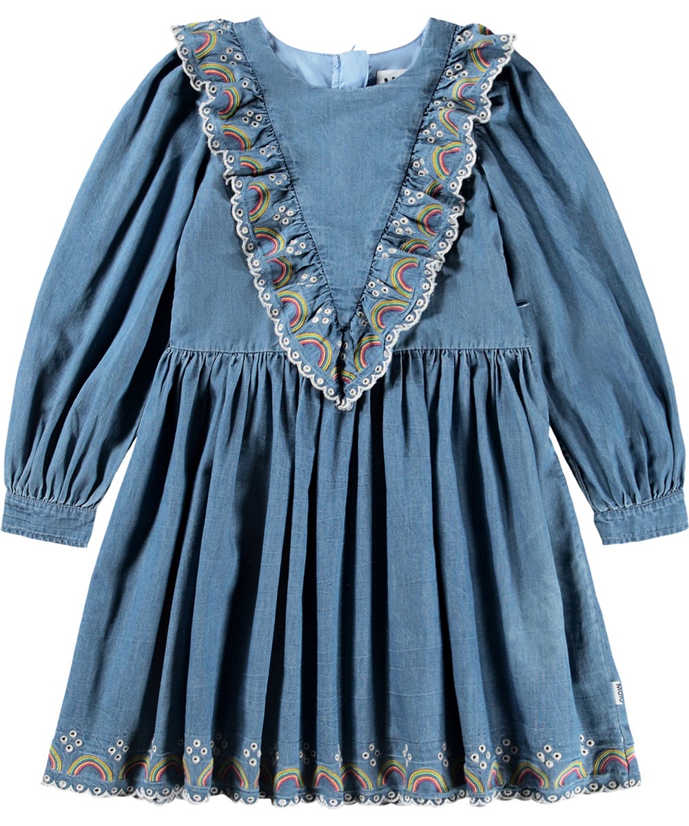 Cherinne - Wonder Rainbow - Long-sleeved denim dress for children made of organic cotton with broderie anglaise 