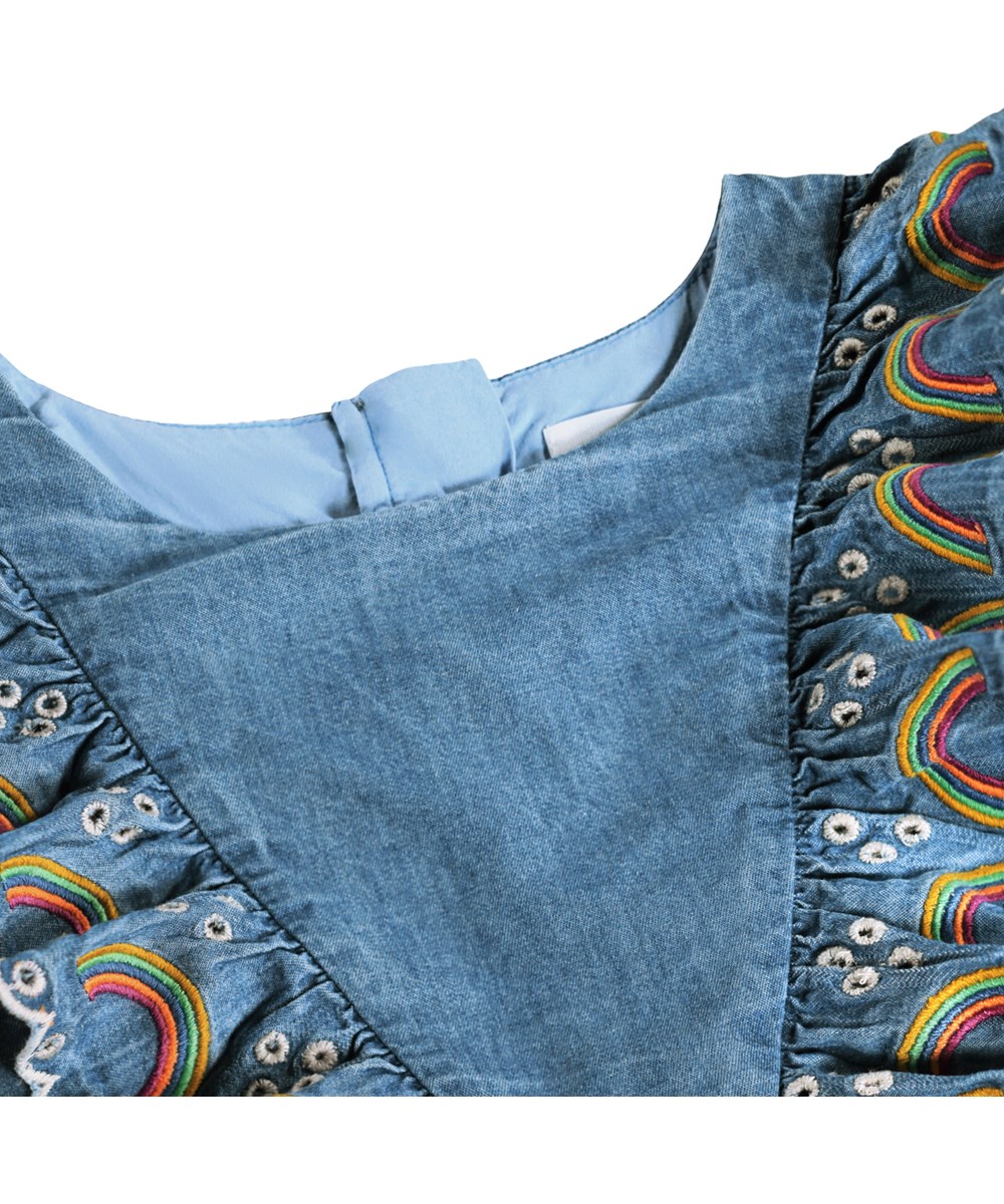 Cherinne - Wonder Rainbow - Long-sleeved denim dress for children made of organic cotton with broderie anglaise 