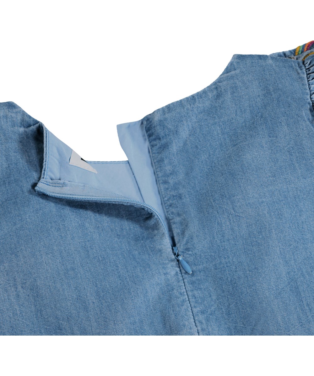 Cherinne - Wonder Rainbow - Long-sleeved denim dress for children made of organic cotton with broderie anglaise 