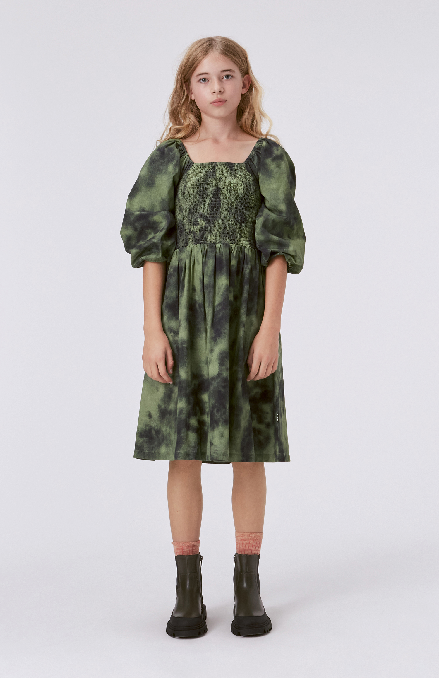 Cherisa - Moss Tie Dye - Green midi dress with smocking and