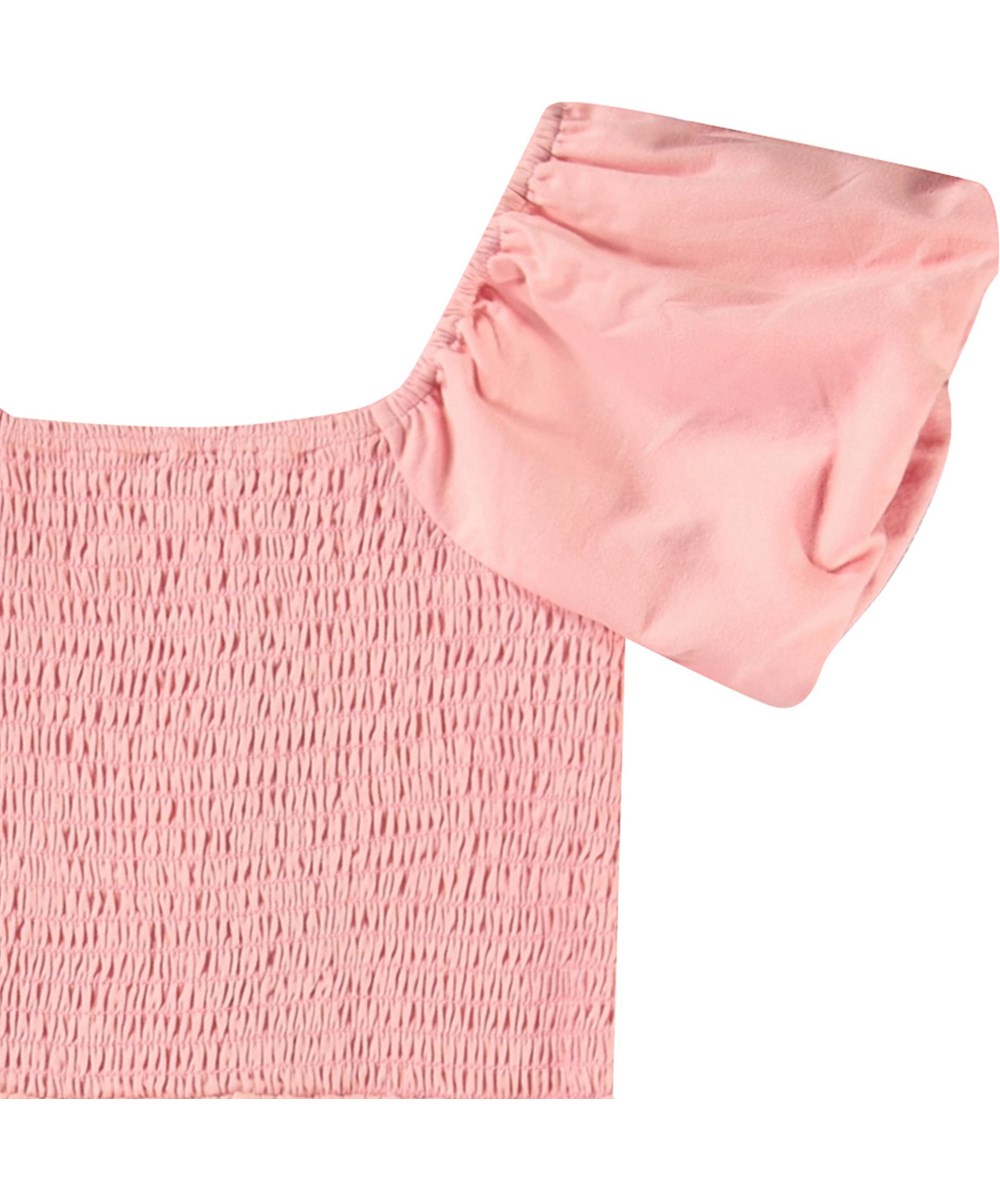 Cherisla - Rosequartz - Pink knee-length dress for children in organic cotton with a square neckline.