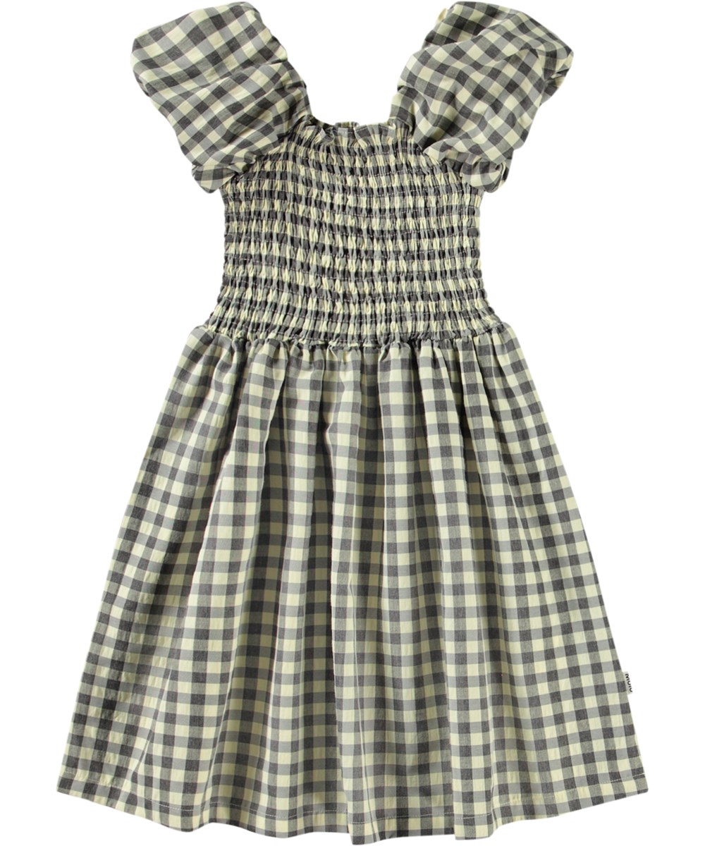 Cherisla - Sun Check - Checked beige and grey knee-length dress for children in organic cotton with a square neckline.