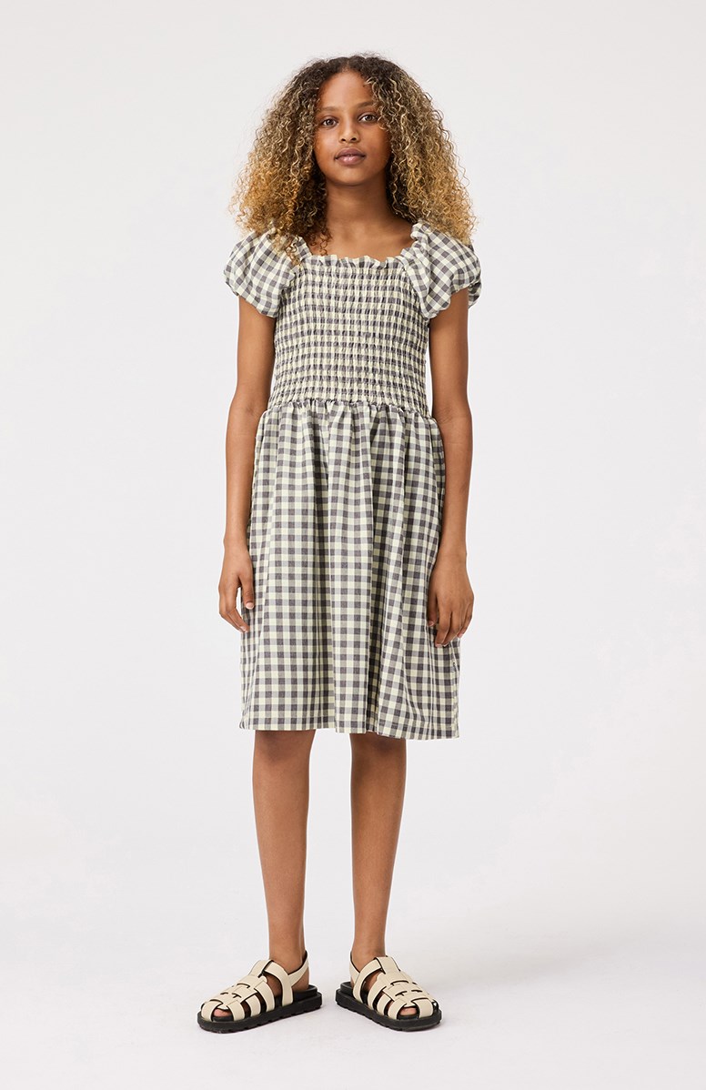 Cherisla - Sun Check - Checked beige and grey knee-length dress for children in organic cotton with a square neckline.